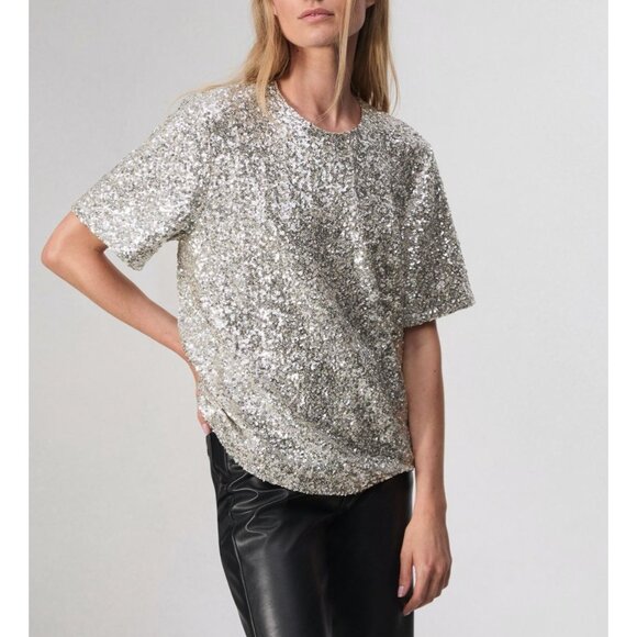 Rag & Bone Silver Sammie Sequin Tee Top Blouse Size Medium - Picture 1 of 3